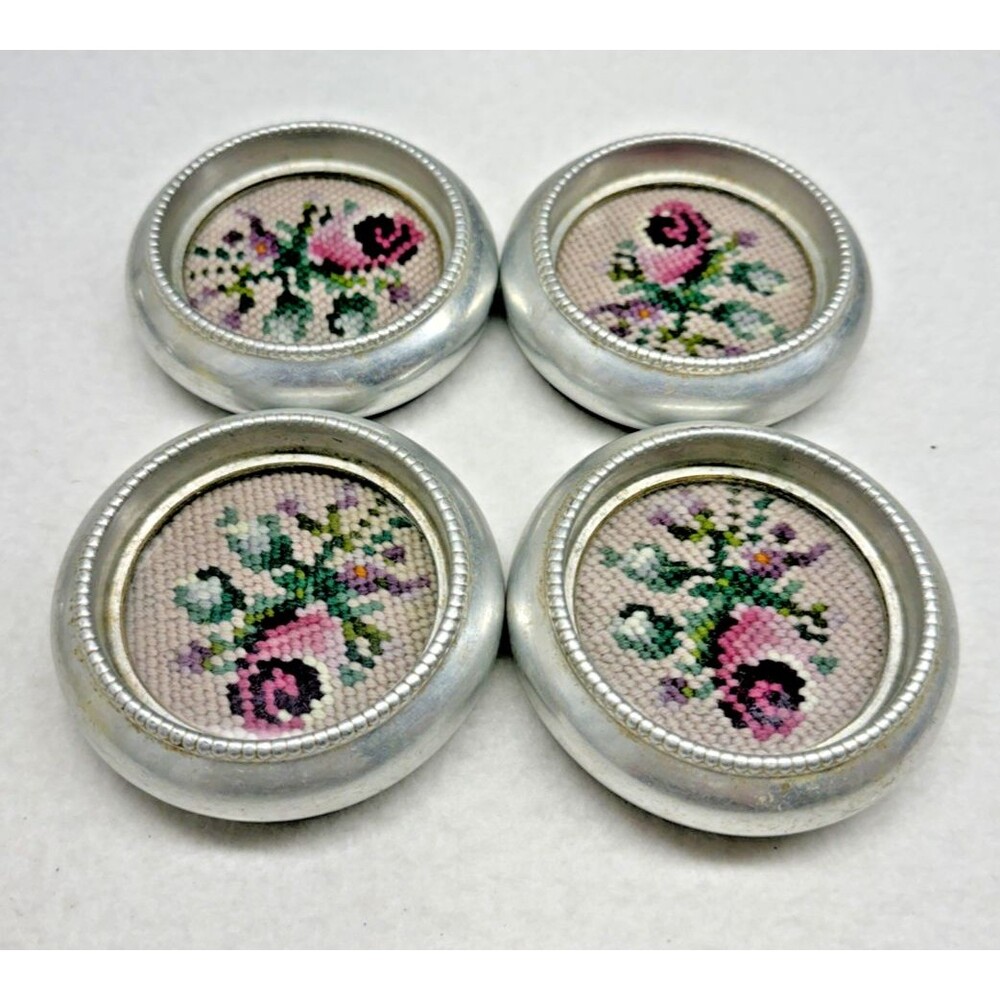 4 Vintage Frank M. Whiting  4" Coasters Mid Century MCM Cross Stitch Floral